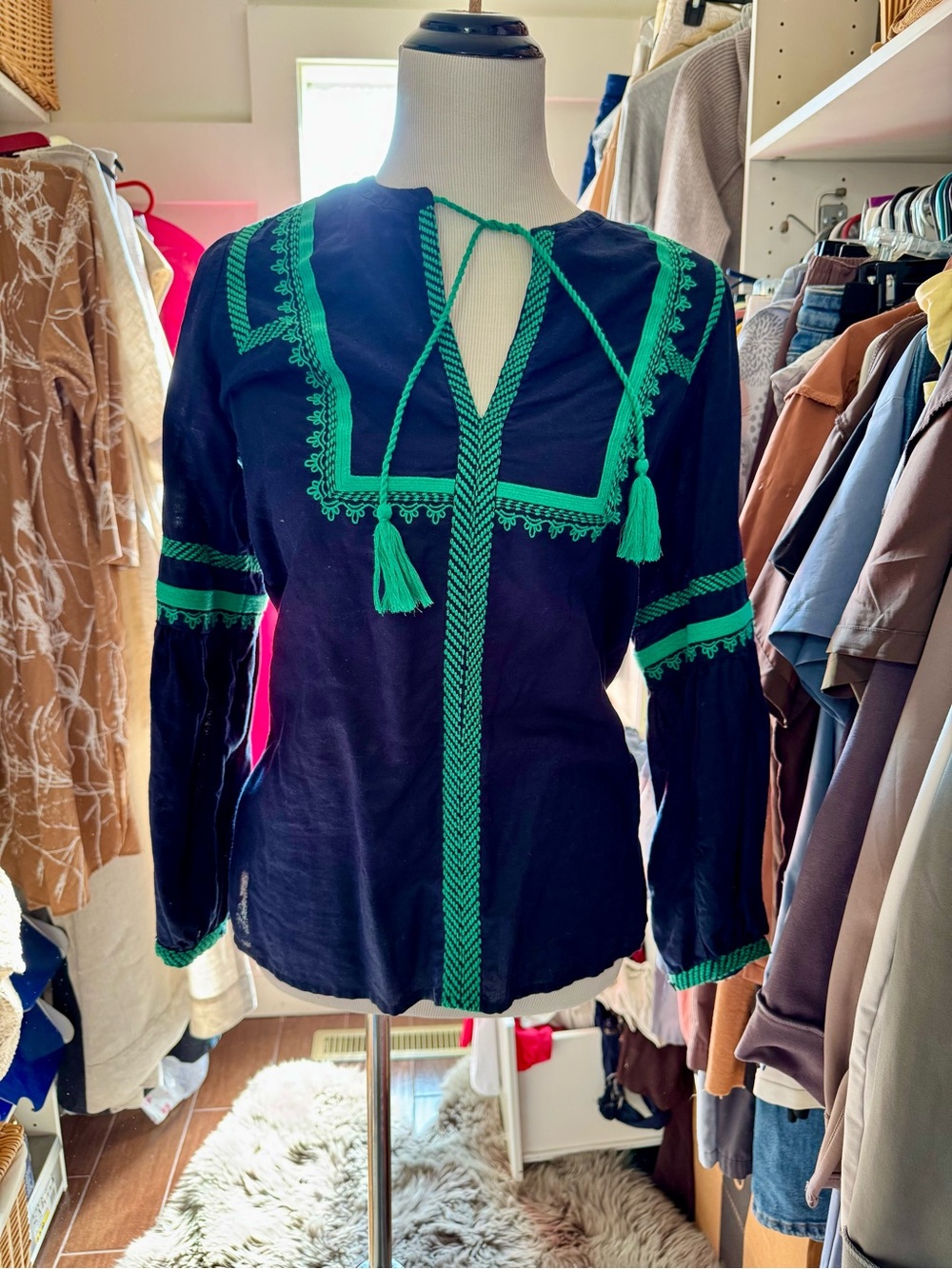 J. Crew Navy Tunic with Bright Green Embroidered Trim